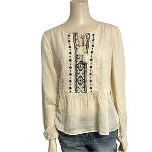Lucky Brand Boho‎ Embroidered Long Sleeve Top Womens Medium Cream NWT